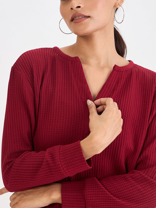 Deep Red Waffle Knit Notch Neck Top
