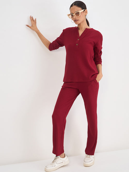 Deep Red Waffle Knit Straight Pants
