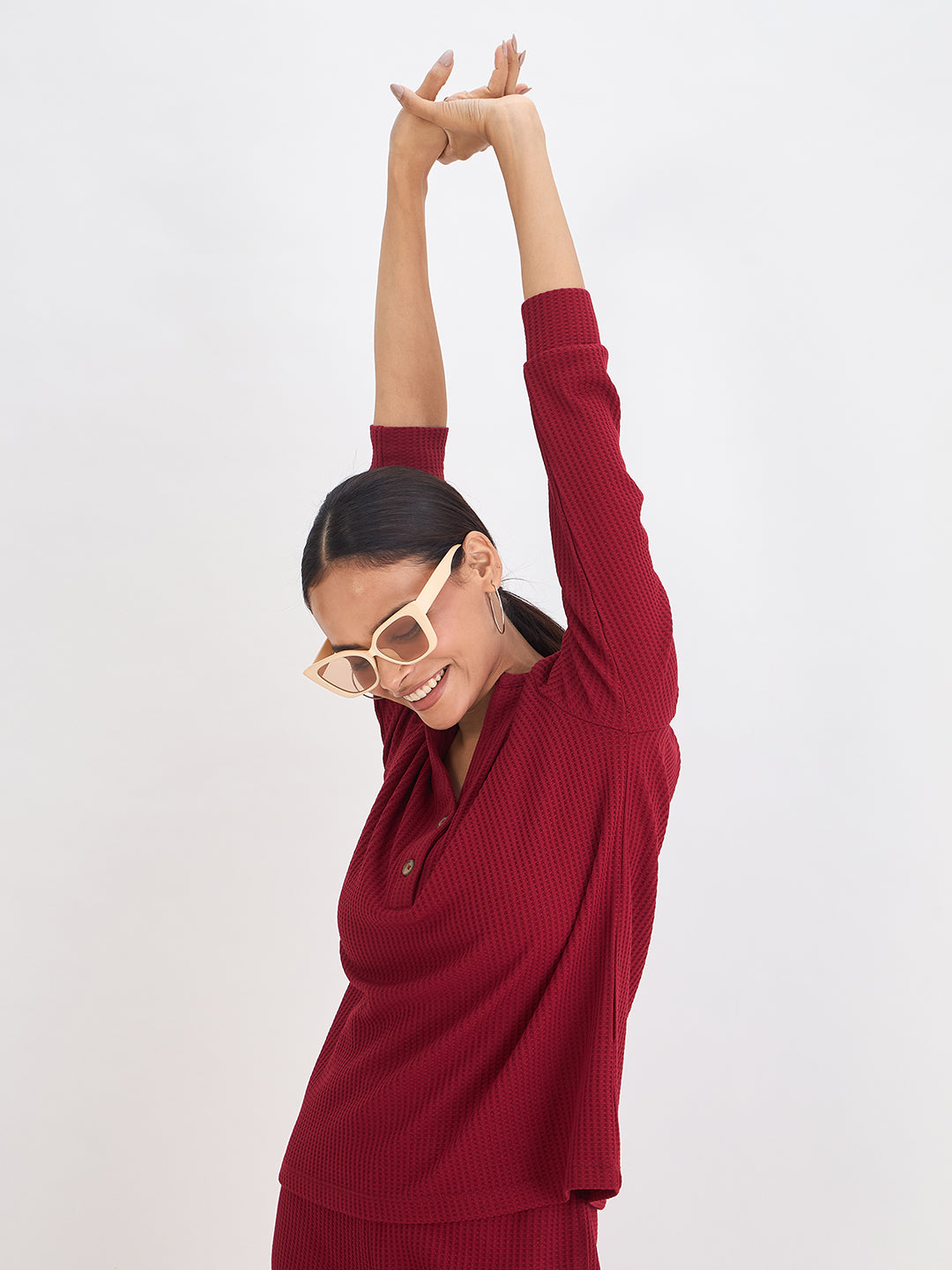 Deep Red Waffle Knit Notch Neck Top