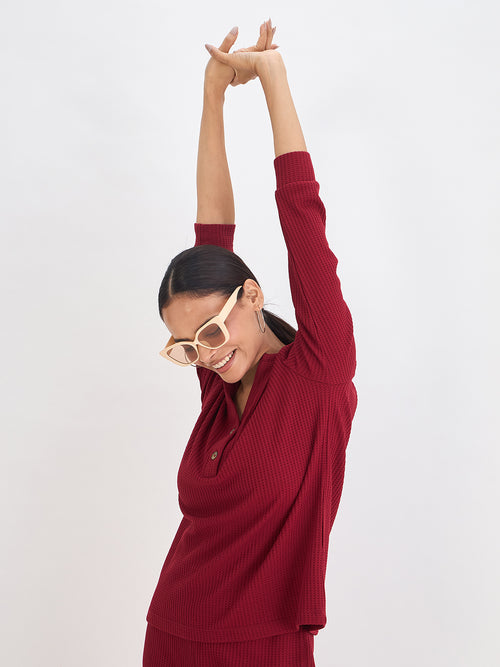 Deep Red Waffle Knit Notch Neck Top