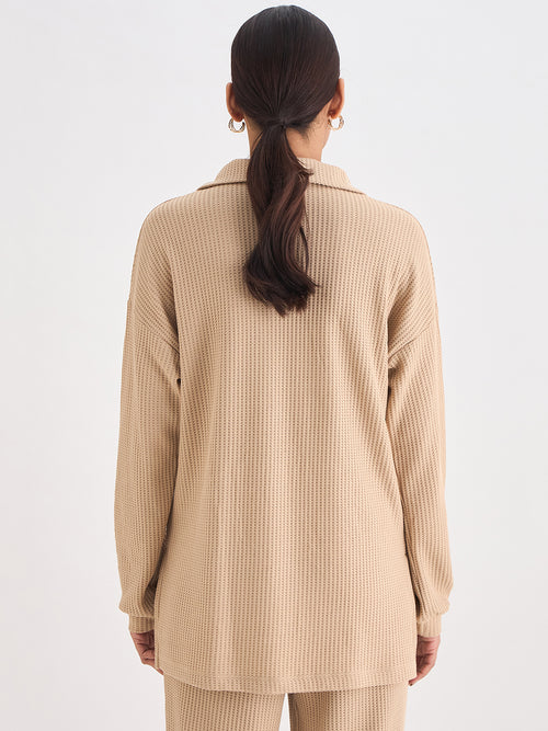 Beige Waffle Knit Collar Detail Top