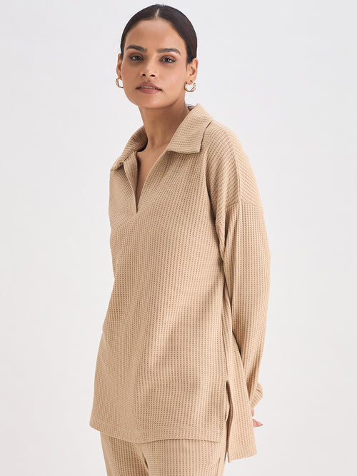 Beige Waffle Knit Collar Detail Top
