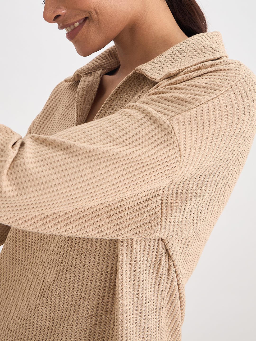 Beige Waffle Knit Collar Detail Top