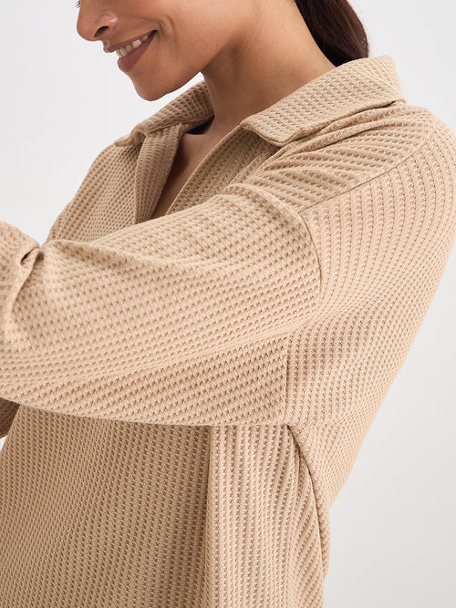 Beige Waffle Knit Collar Detail Top