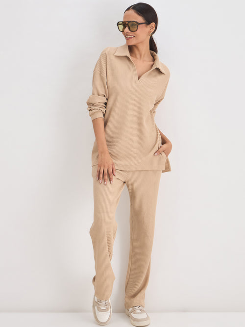 Beige Waffle Knit Collar Detail Top