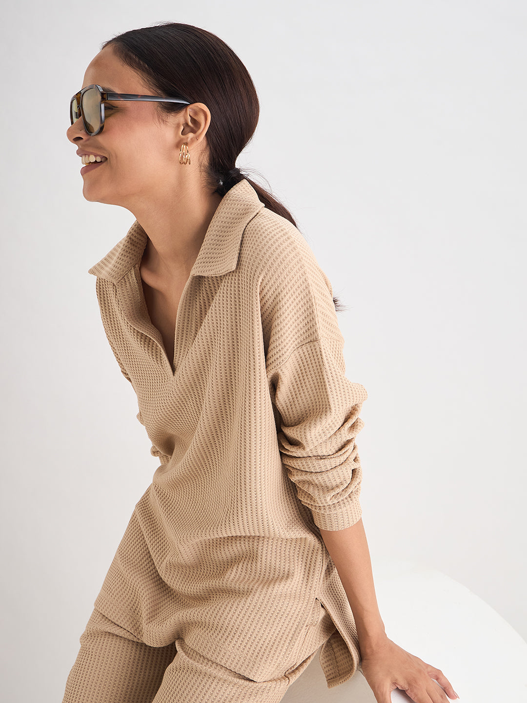 Beige Waffle Knit Collar Detail Top