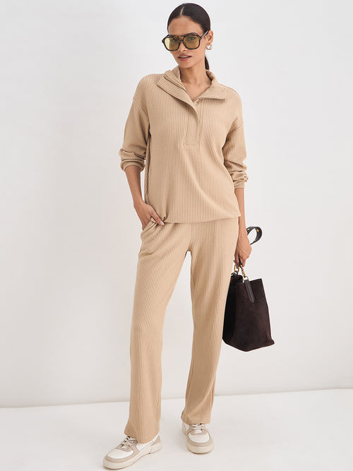 Beige Waffle Knit Zip Up Top