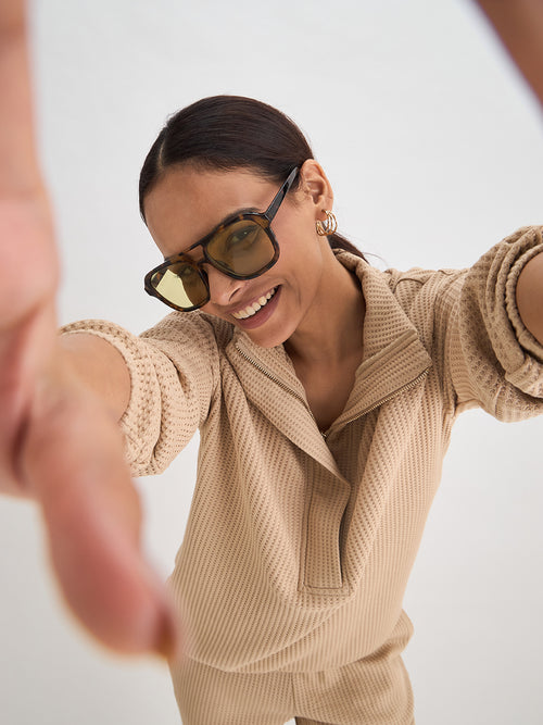 Beige Waffle Knit Zip Up Top