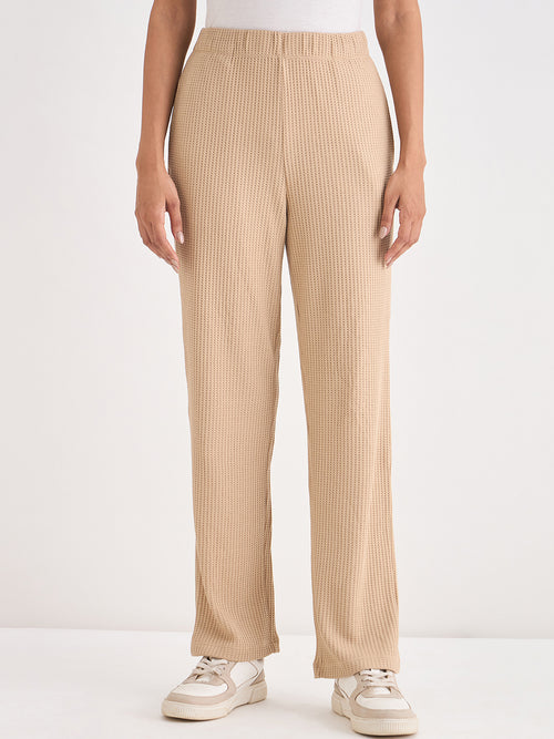Beige Waffle Knit Straight Pants