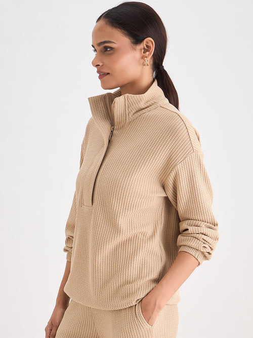 Beige Waffle Knit Zip Up Top