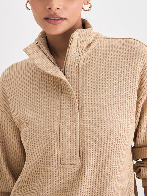 Beige Waffle Knit Zip Up Top