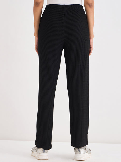 Black Waffle Knit Straight Pants