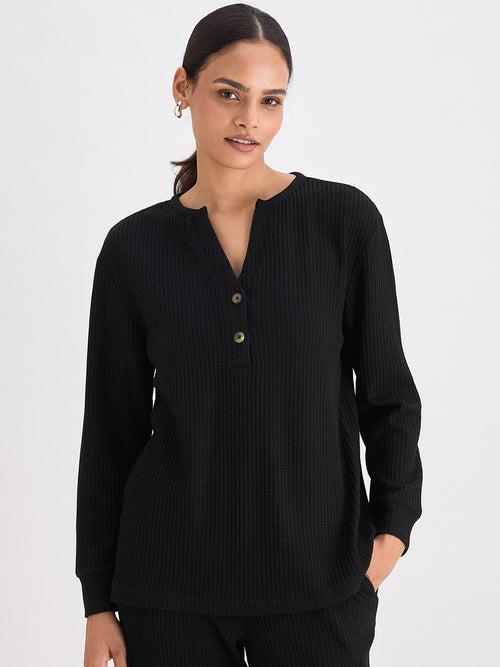 Black Waffle Knit Notch Neck Top