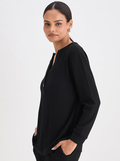 Black Waffle Knit Notch Neck Top