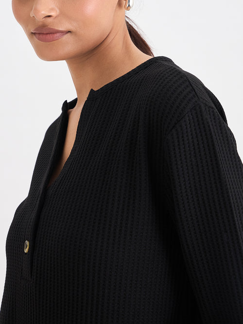 Black Waffle Knit Notch Neck Top