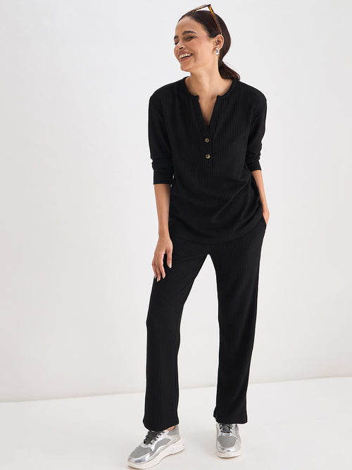 Black Waffle Knit Straight Pants