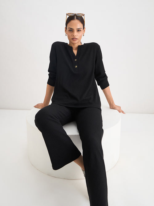 Black Waffle Knit Straight Pants