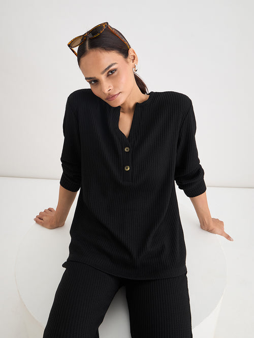 Black Waffle Knit Notch Neck Top