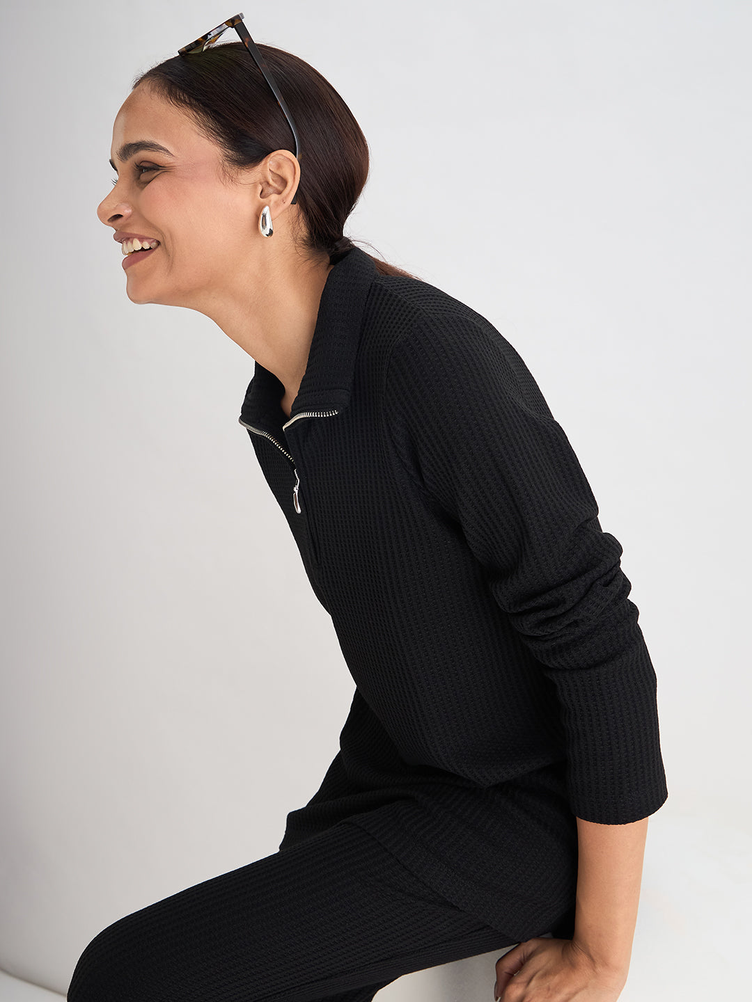 Black Waffle Knit High Neck Top