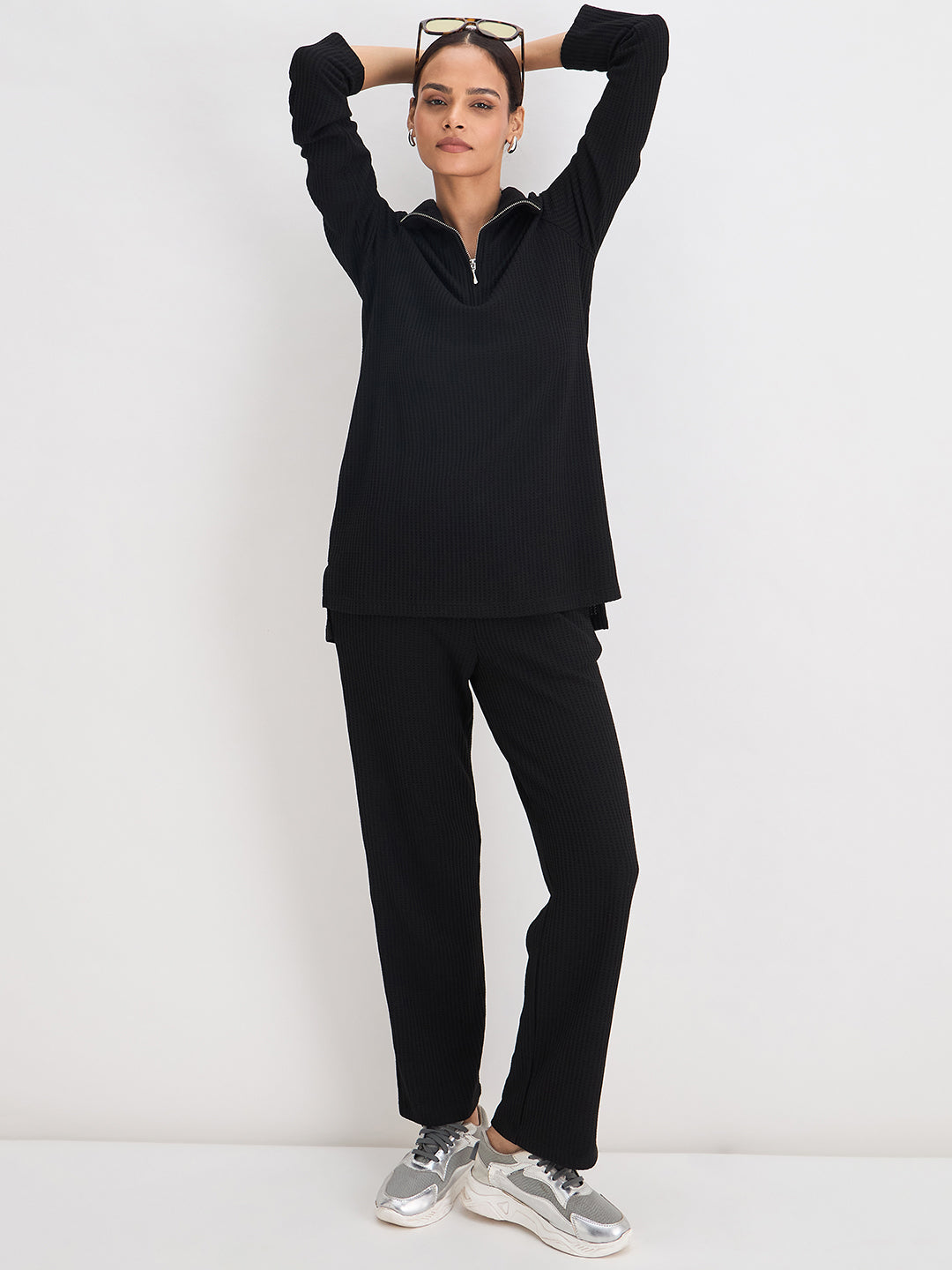 Black Waffle Knit High Neck Top