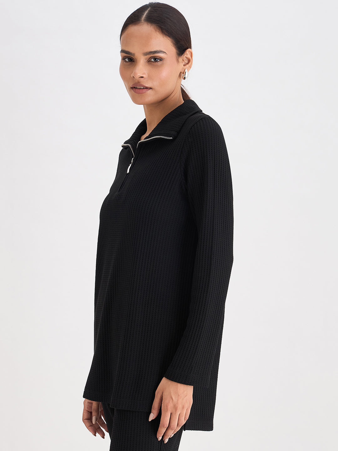 Black Waffle Knit High Neck Top