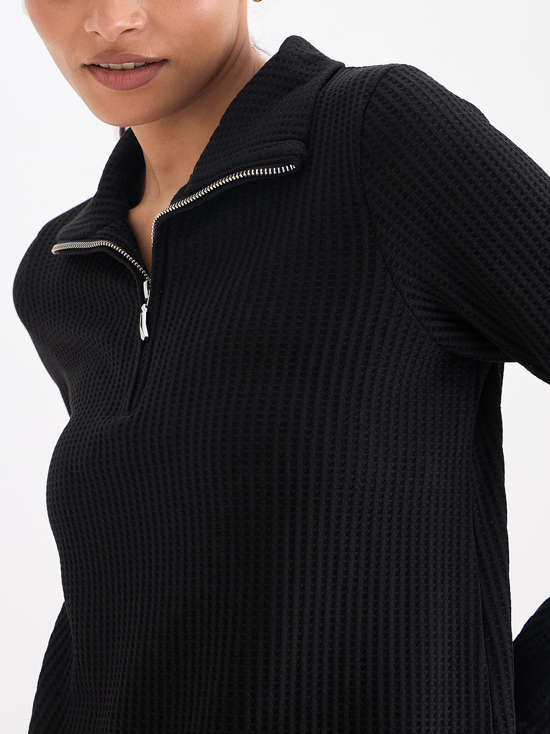 Black Waffle Knit High Neck Top