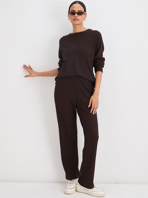 Coffee Brown Waffle Knit Straight Pants