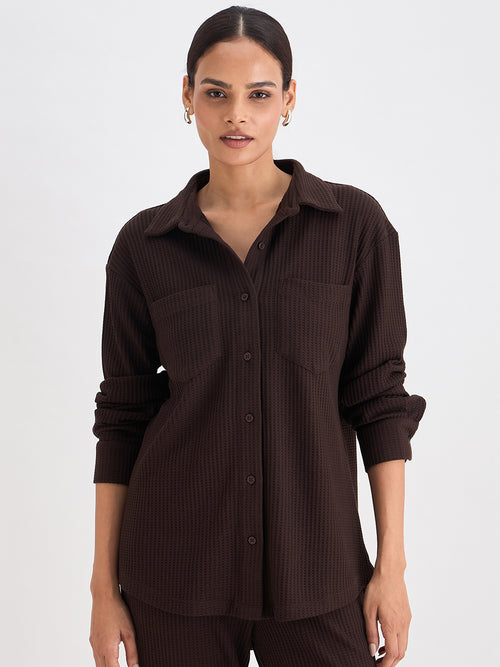 Coffee Brown Waffle Knit Button Down Shirt