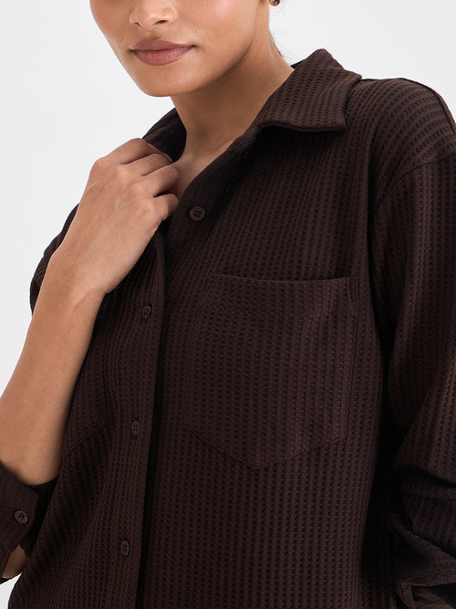 Coffee Brown Waffle Knit Button Down Shirt