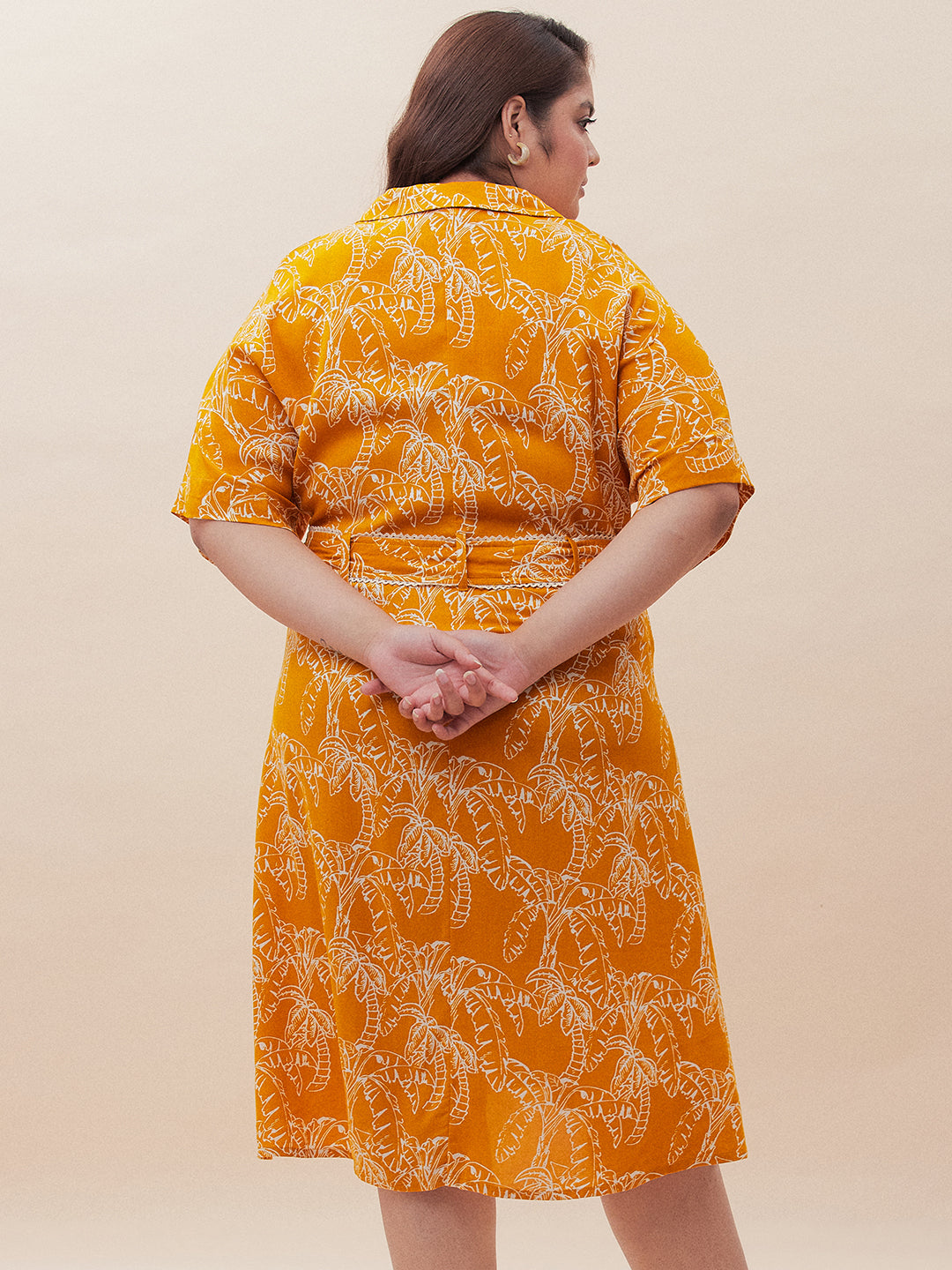 Mustard Palm Print Midi Shirt Dress