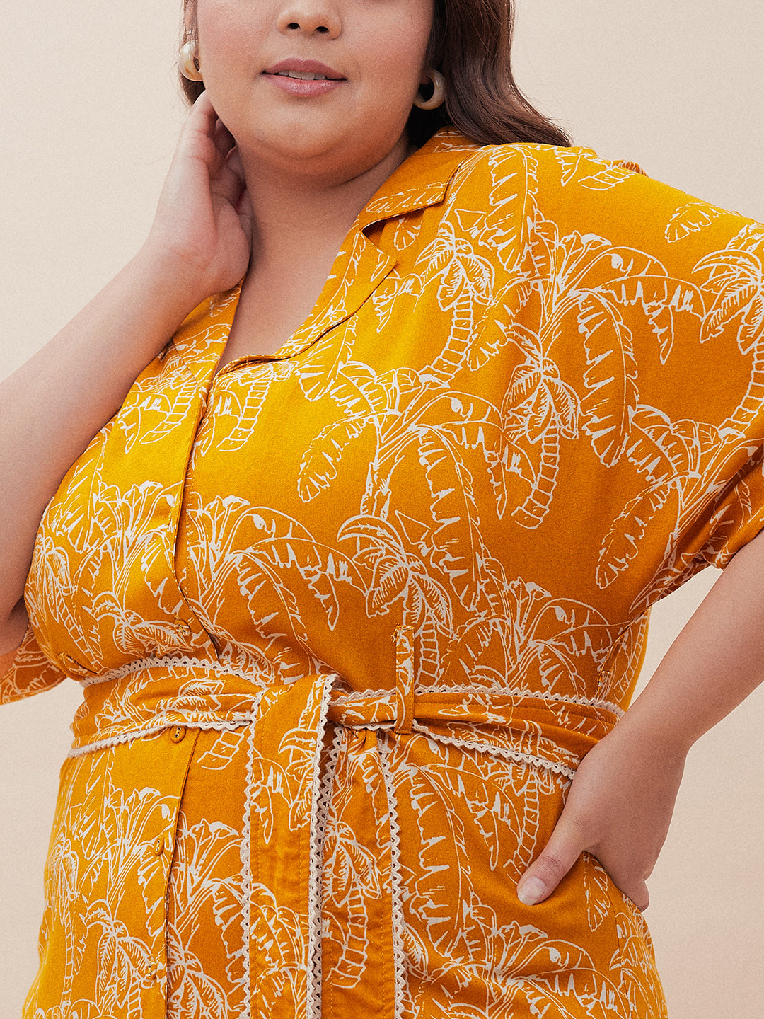 Mustard Palm Print Midi Shirt Dress