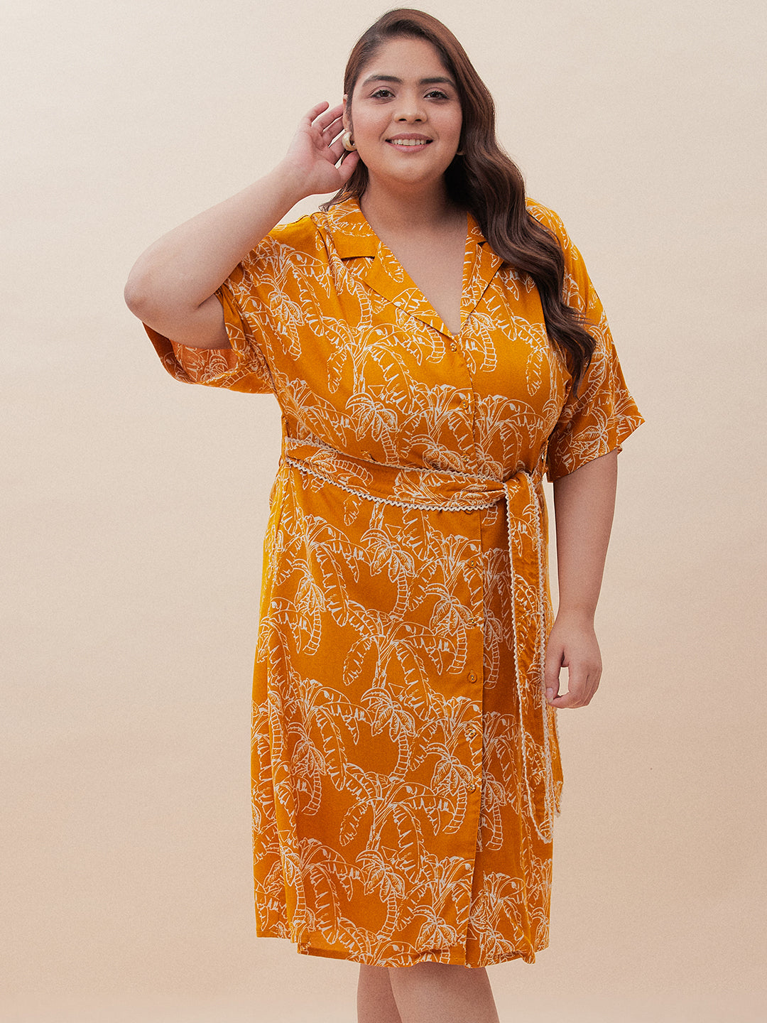 Mustard Palm Print Midi Shirt Dress