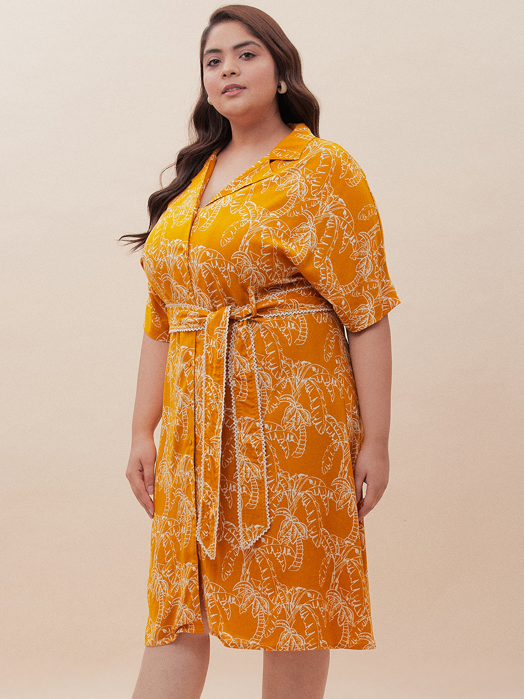 Mustard Palm Print Midi Shirt Dress