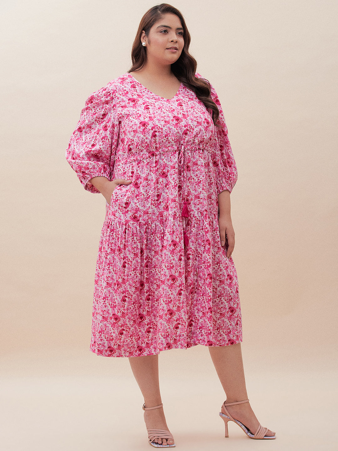 Pink Ditsy Floral Slit Midi Dress