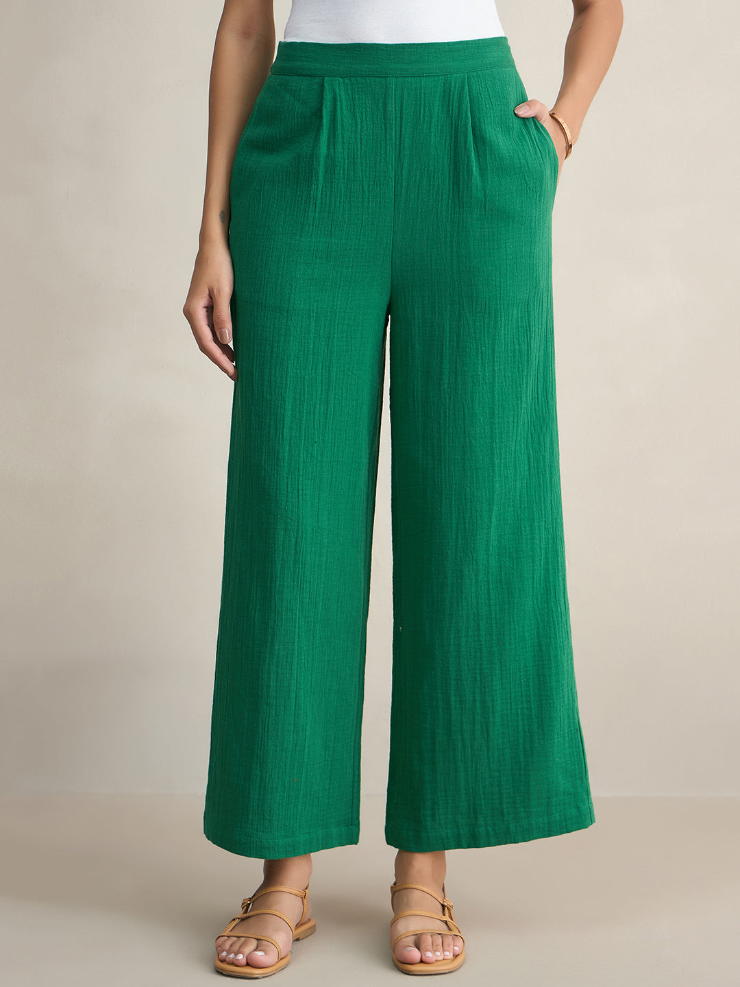Cotton Gauze Green Round Neck Top With Straight Pant