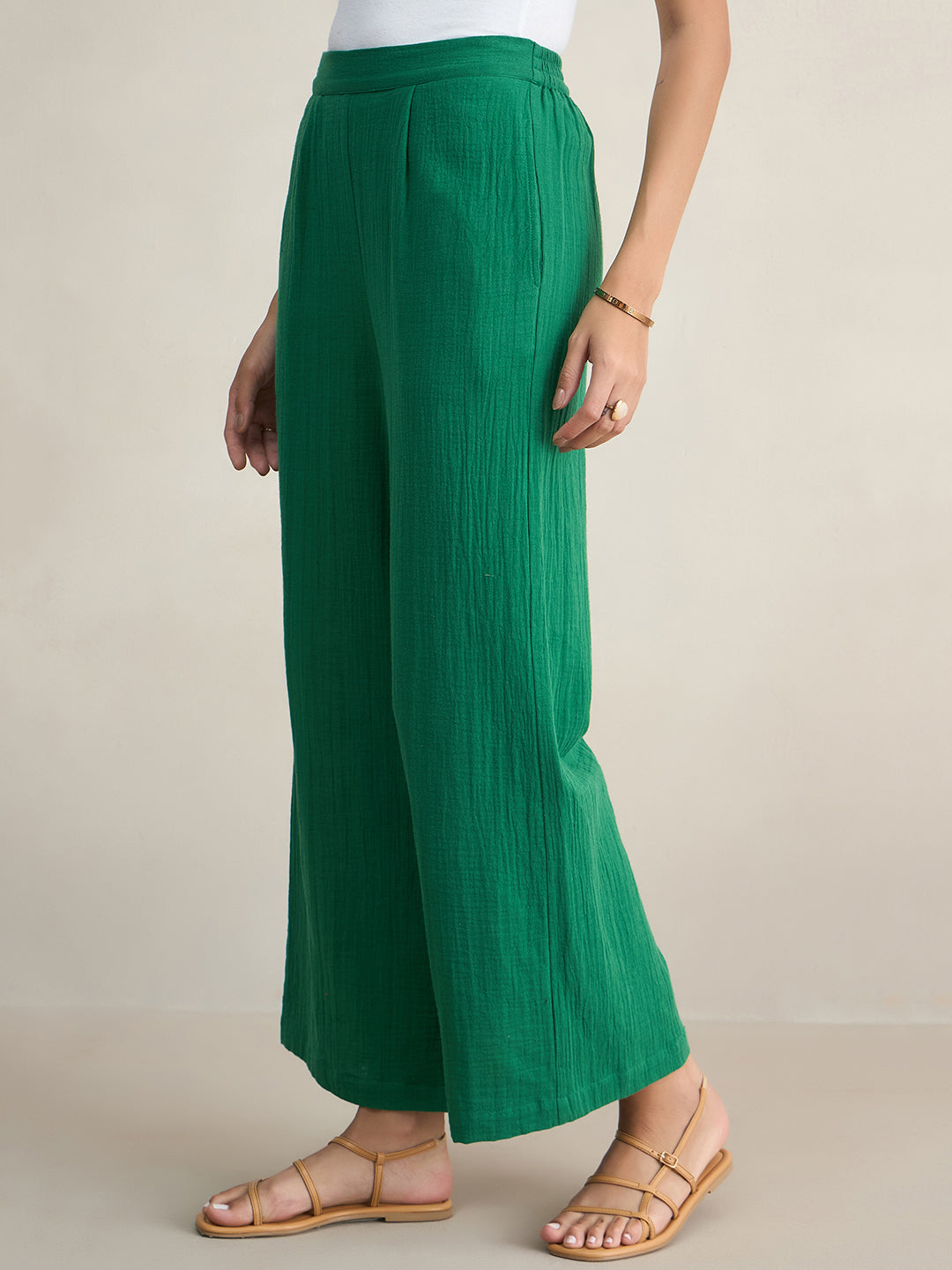 Cotton Gauze Green Round Neck Top With Straight Pant