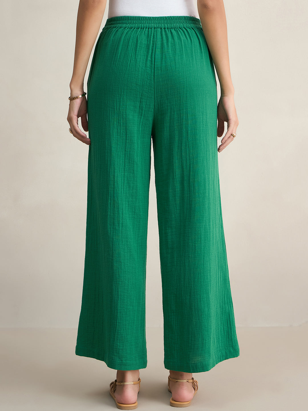 Cotton Gauze Green Round Neck Top With Straight Pant