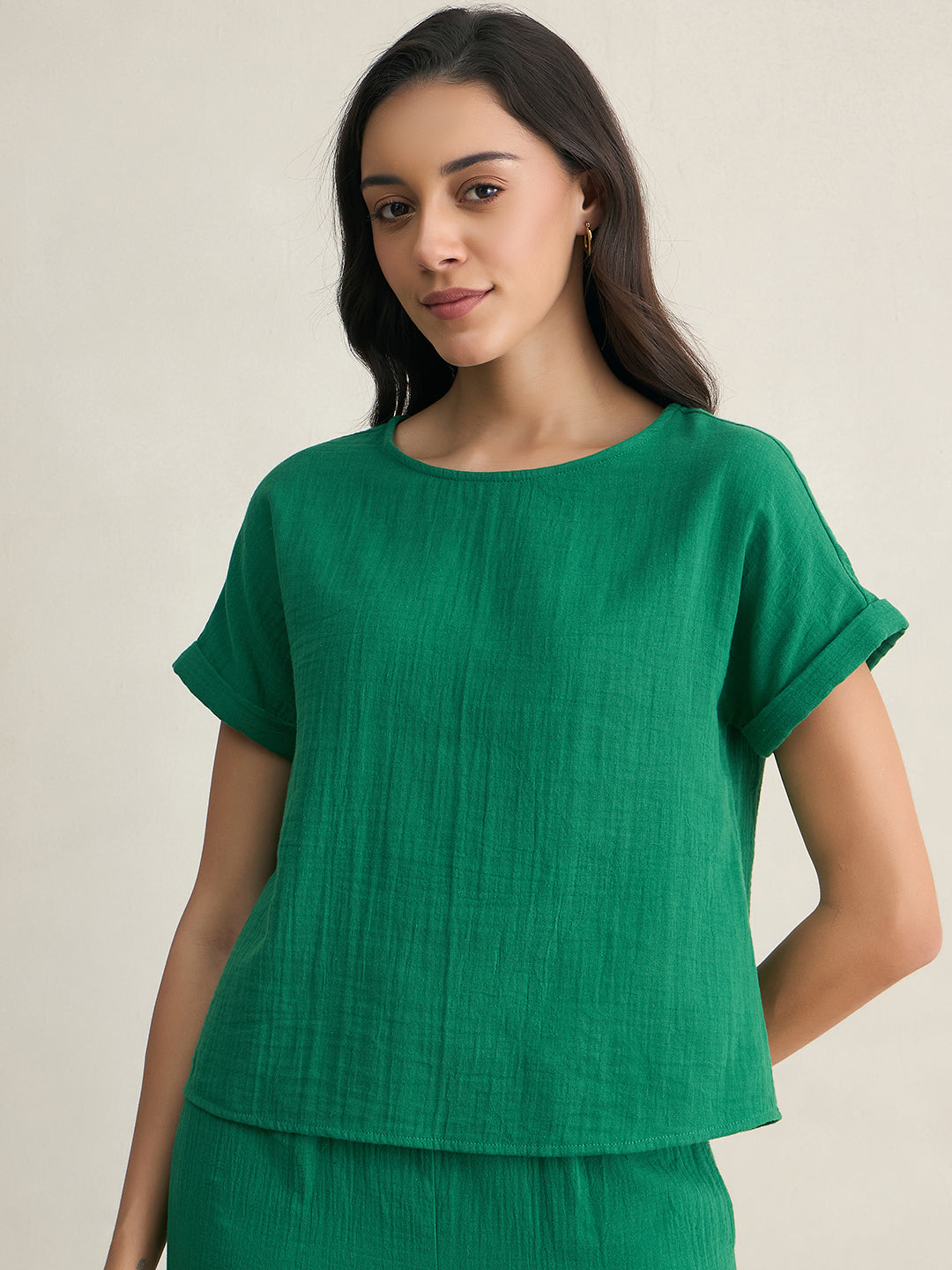 Cotton Gauze Green Round Neck Top With Straight Pant