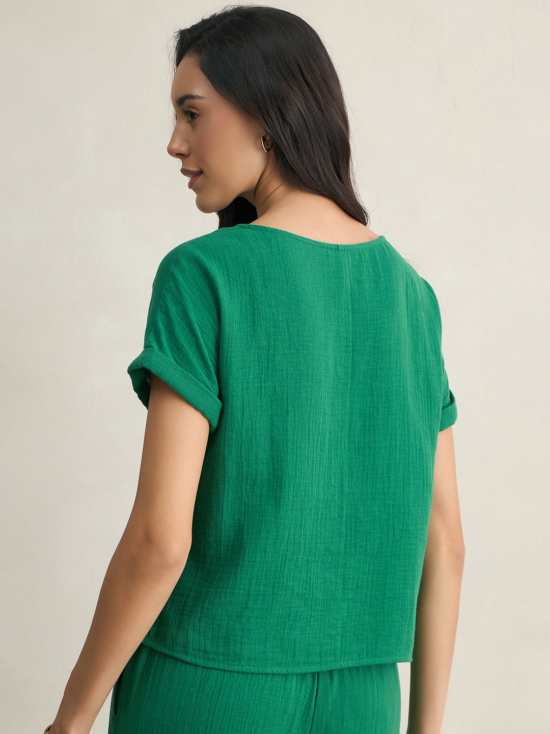 Cotton Gauze Green Round Neck Top With Straight Pant