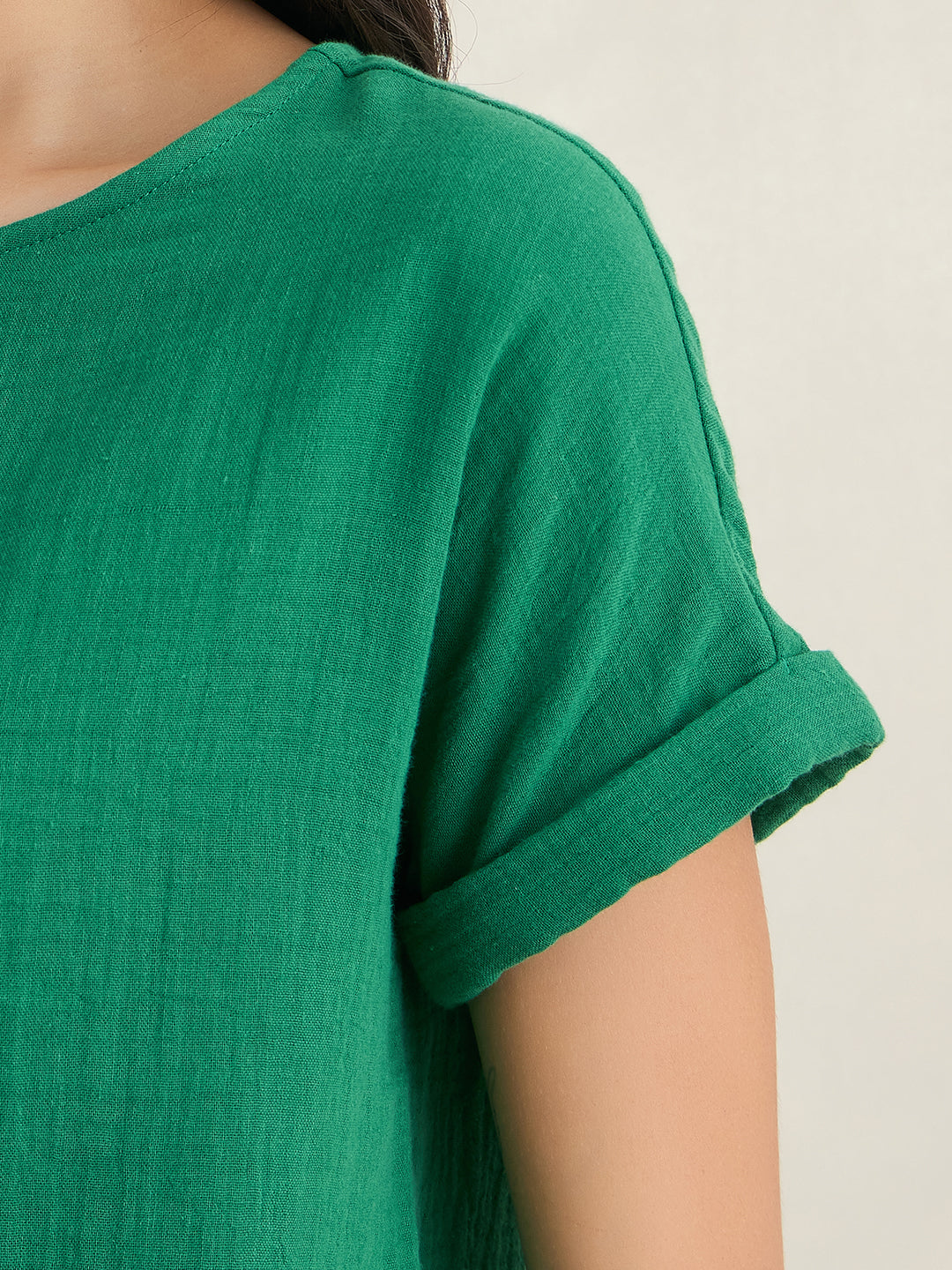Cotton Gauze Green Round Neck Top With Straight Pant