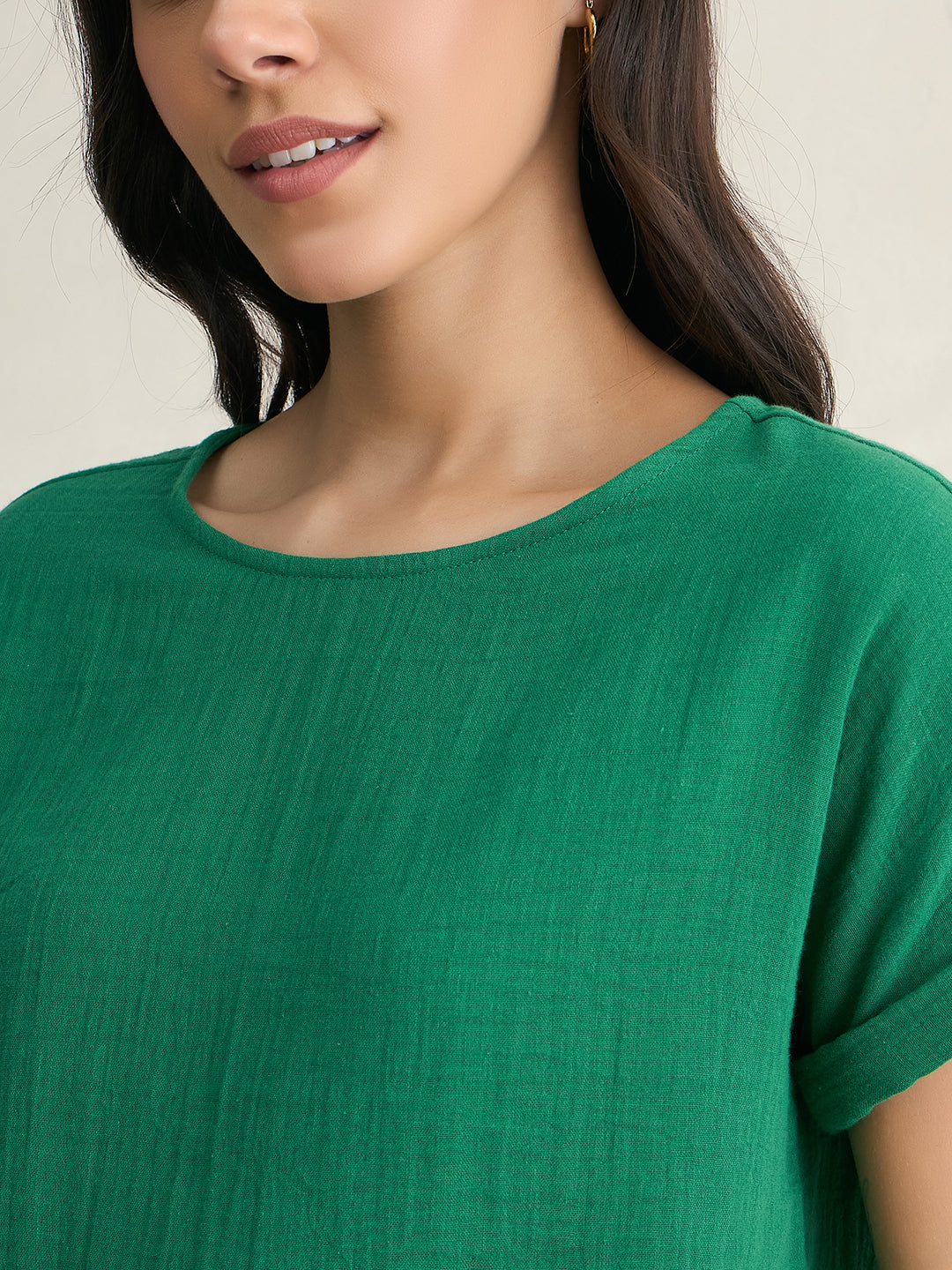 Cotton Gauze Green Round Neck Top With Straight Pant