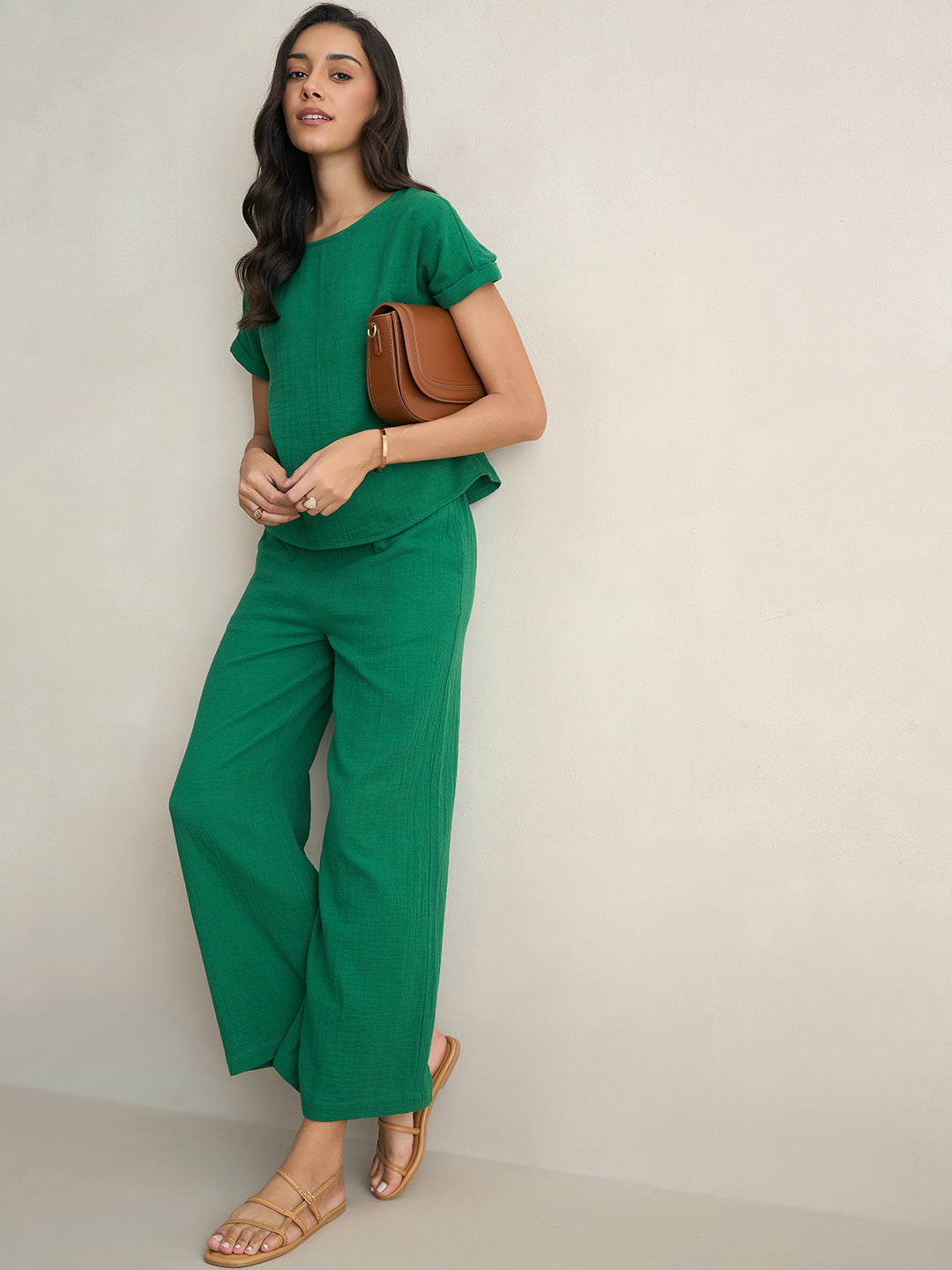 Cotton Gauze Green Round Neck Top With Straight Pant