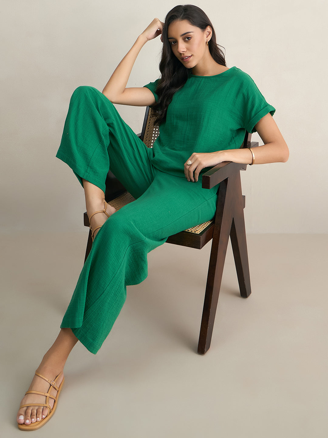 Cotton Gauze Green Round Neck Top With Straight Pant