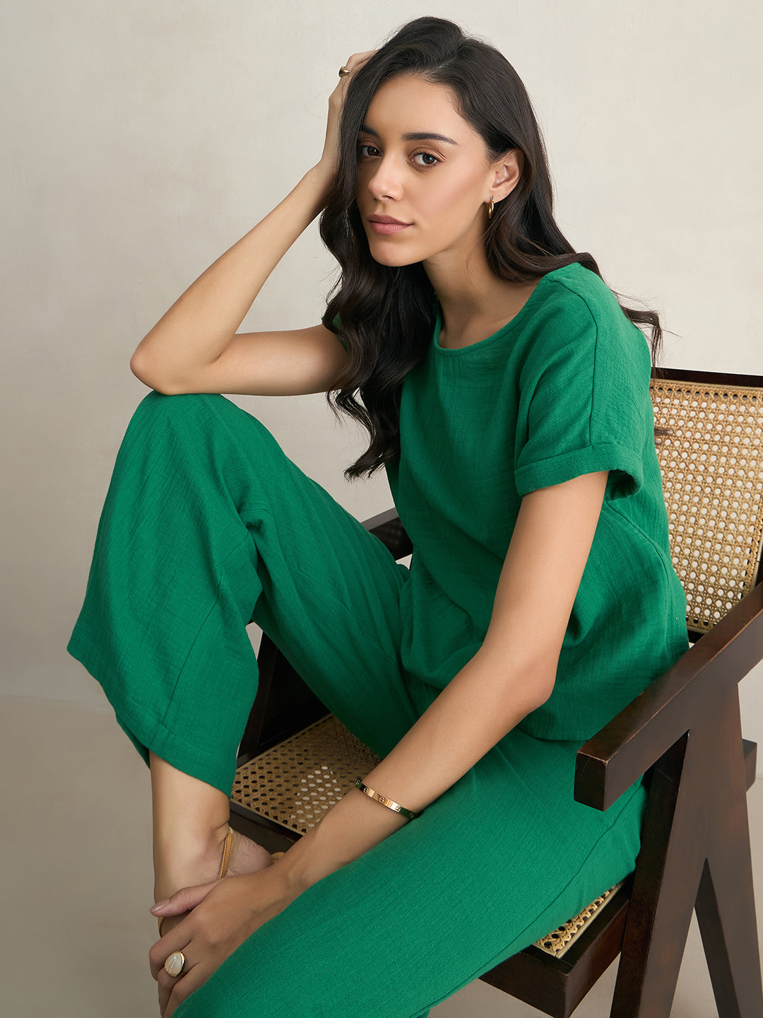 Cotton Gauze Green Round Neck Top With Straight Pant
