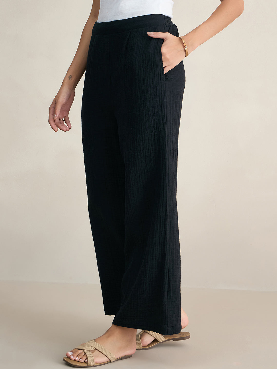 Cotton Gauze Black Sleeveless Top With Straight Pant