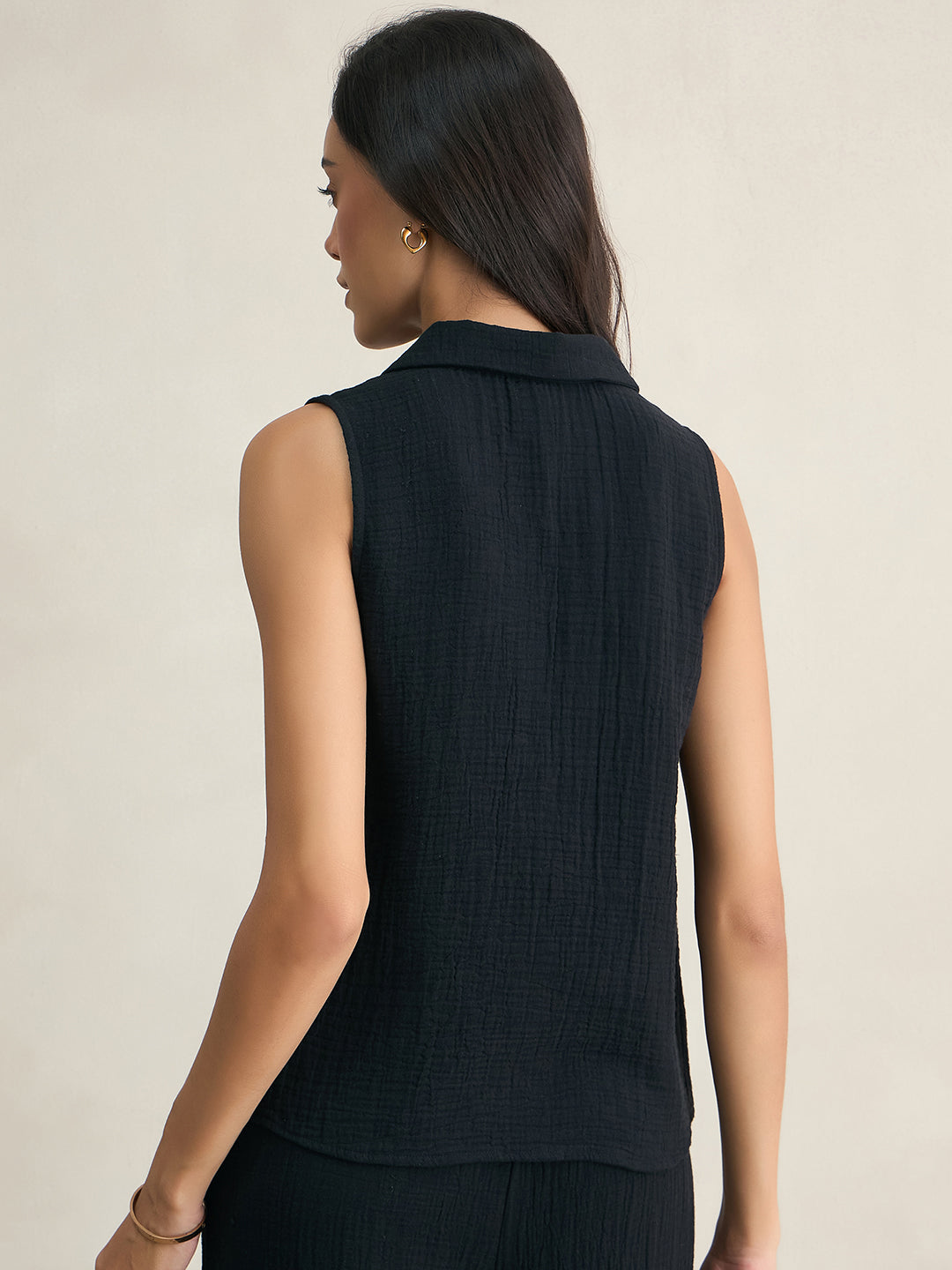Cotton Gauze Black Sleeveless Top With Straight Pant