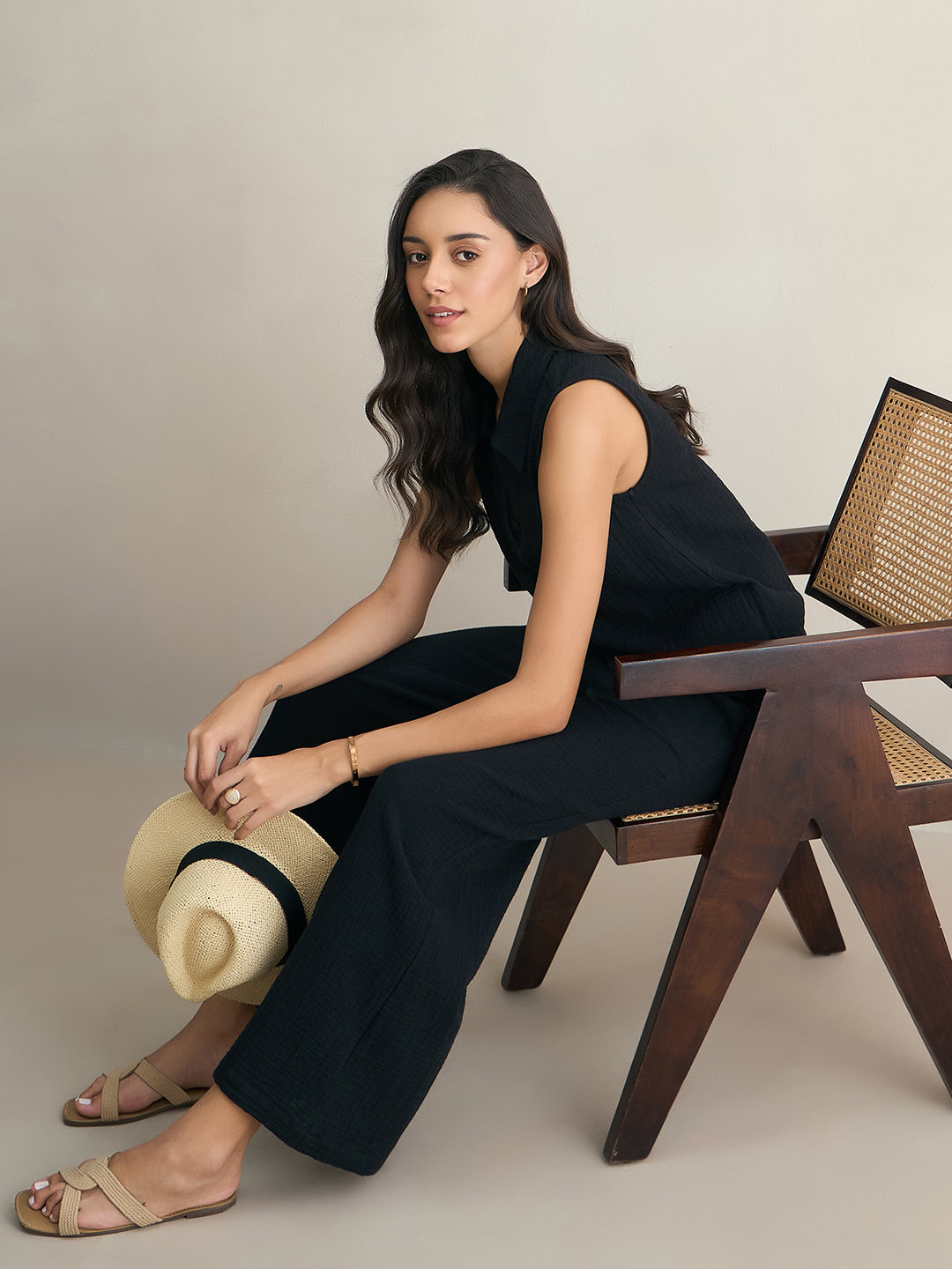 Cotton Gauze Black Sleeveless Top With Straight Pant