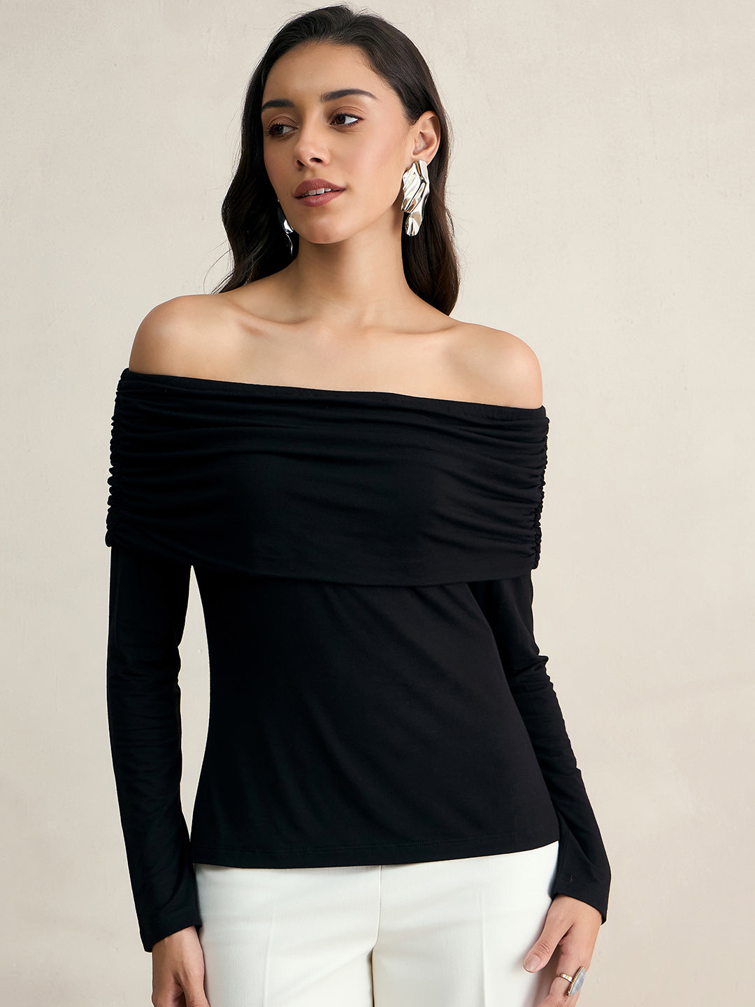 Bamboo Black Knit Off Shoulder Top