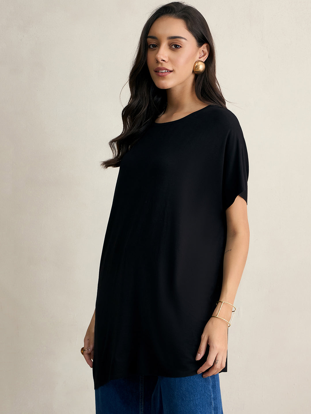 Bamboo Black Knit Oversize Asymmetrical Top
