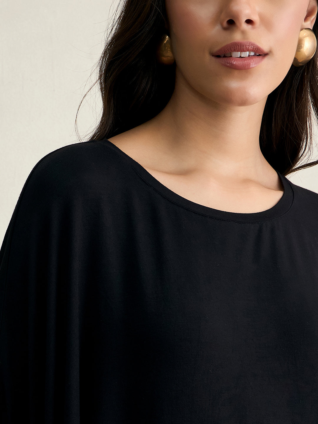 Bamboo Black Knit Oversize Asymmetrical Top
